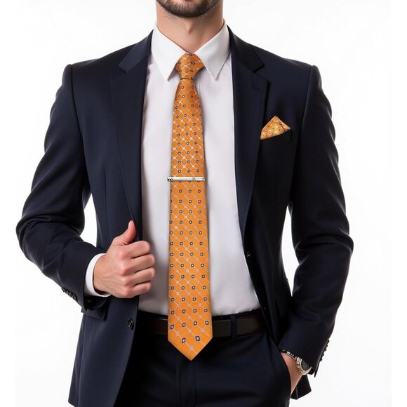 🆕Men Orange Plaid Silk Checkered Necktie Pocket Square Cufflinks Tie Clip Set - Picture 2 of 6